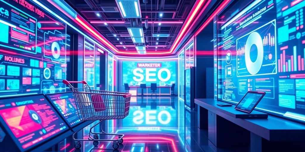 Futuristic e-commerce scene with advanced technology elements.