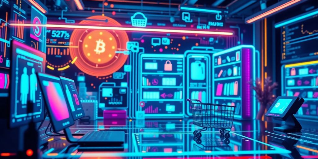 Futuristic e-commerce scene with vibrant digital elements.
