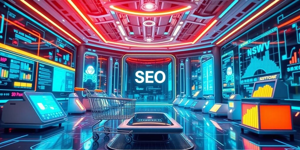 Futuristic e-commerce scene with advanced technology elements.