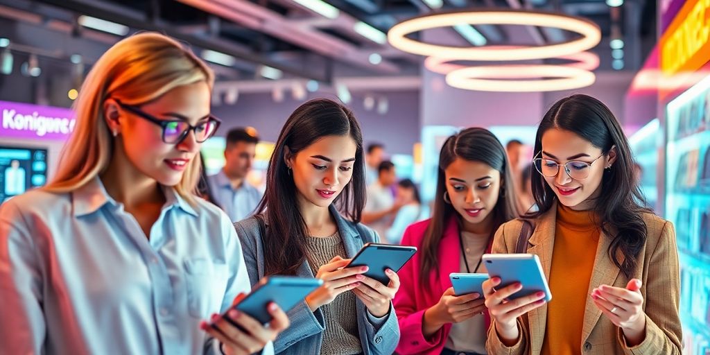 Futuristic e-commerce scene with customers and digital reviews.