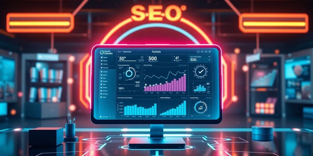 Futuristic SEO tools on a digital screen with e-commerce theme.