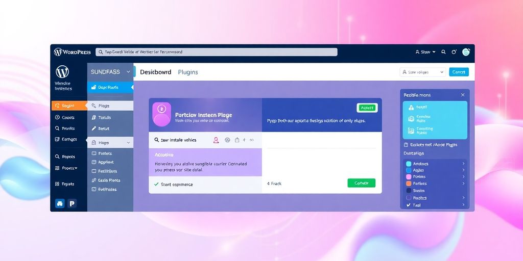 Futuristic WordPress dashboard with plugin installation interface.