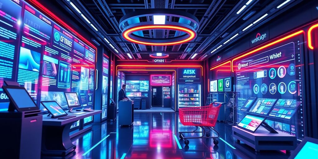 Futuristic eCommerce technology with digital interfaces and displays.