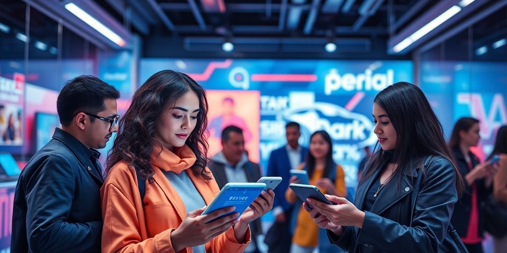 Futuristic e-commerce with customers engaging in reviews.