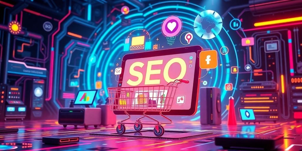 Futuristic e-commerce technology with vibrant digital elements.