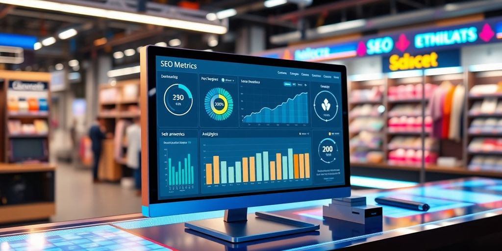 Futuristic SEO interface in a modern e-commerce setting.
