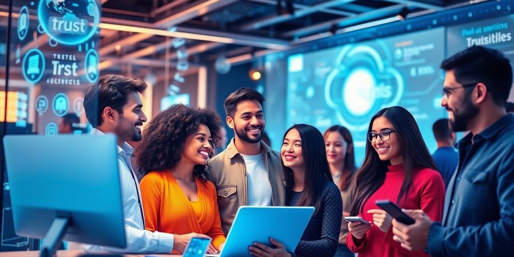 Futuristic e-commerce scene with happy customers sharing reviews.