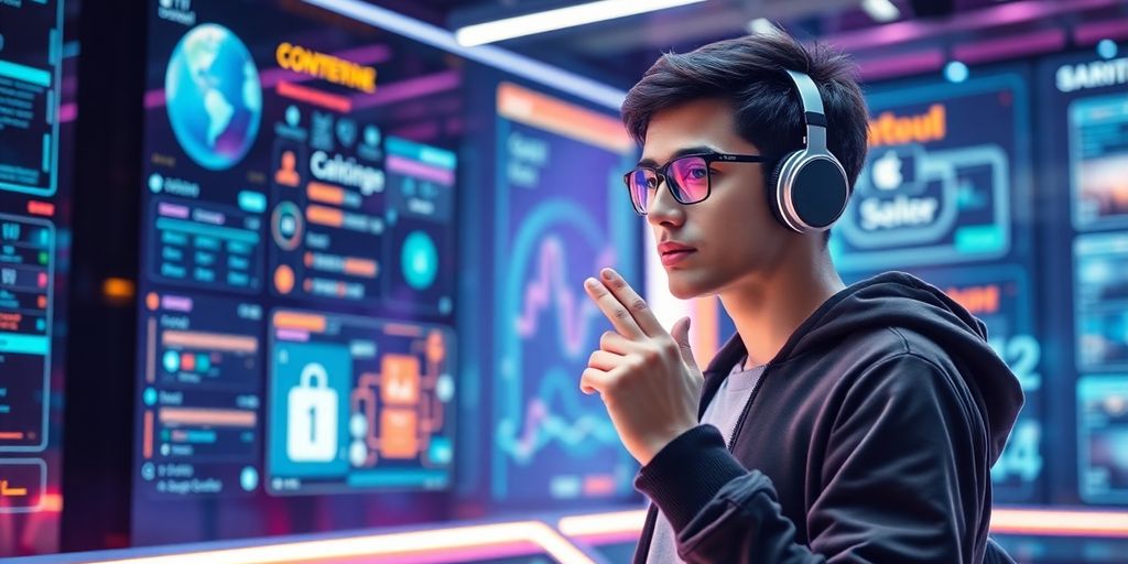 Person using voice search in a futuristic e-commerce setting.