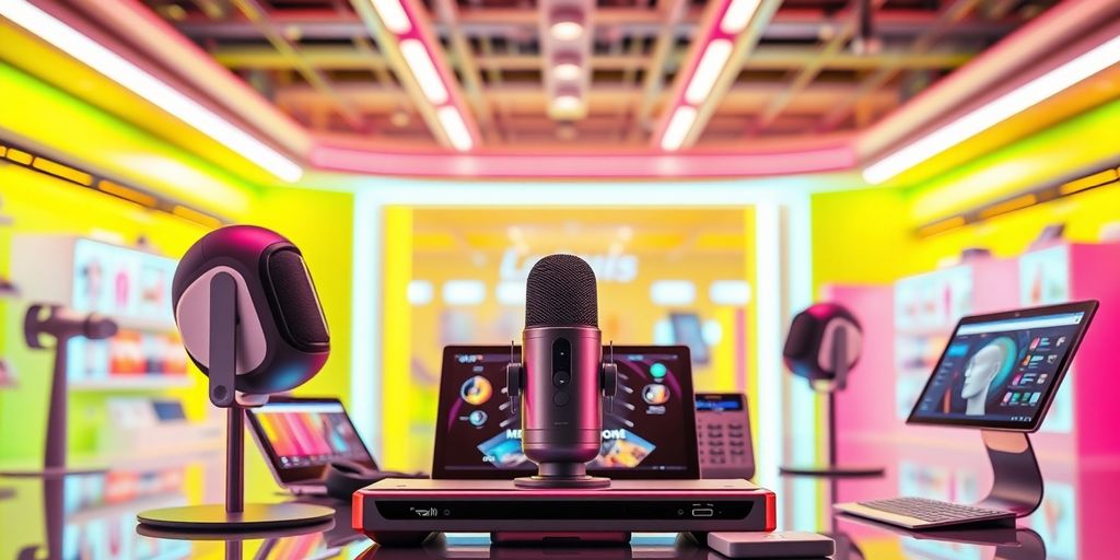 Futuristic e-commerce with voice-activated technology devices.