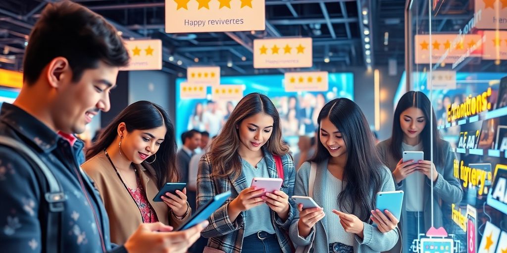 Futuristic e-commerce with customers and glowing reviews.