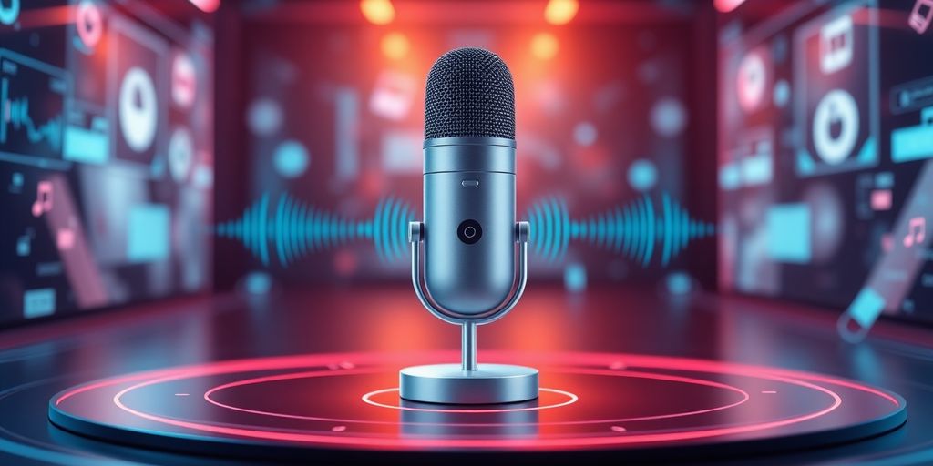 Futuristic e-commerce with voice-activated technology and digital elements.