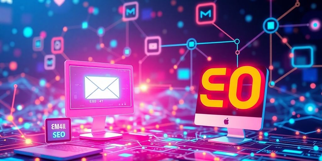 Futuristic digital landscape with interconnected devices and colors.