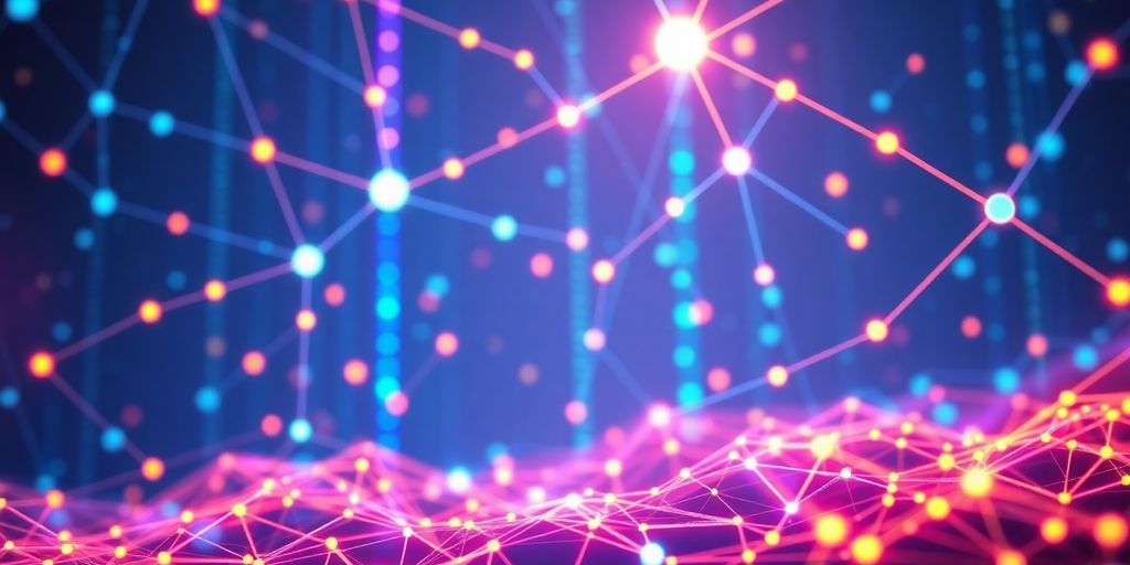 Futuristic digital landscape with interconnected nodes and colors.