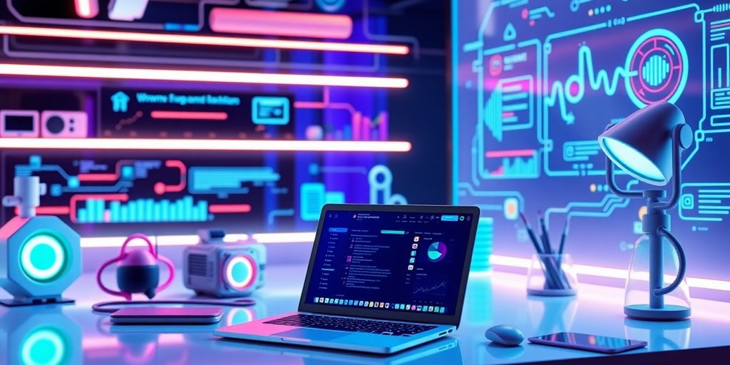 Futuristic workspace with technology tools for SEO.