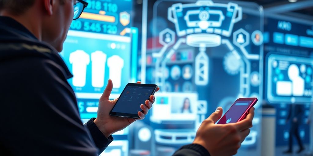 Person using voice search in a futuristic e-commerce setting.