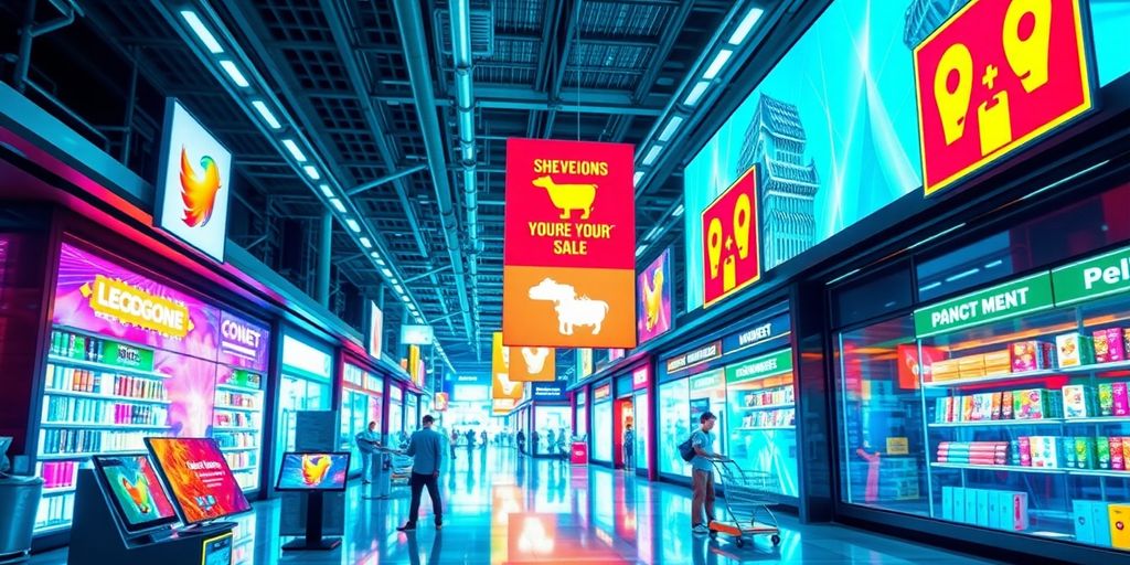 Futuristic digital marketplace with advanced technology and devices.