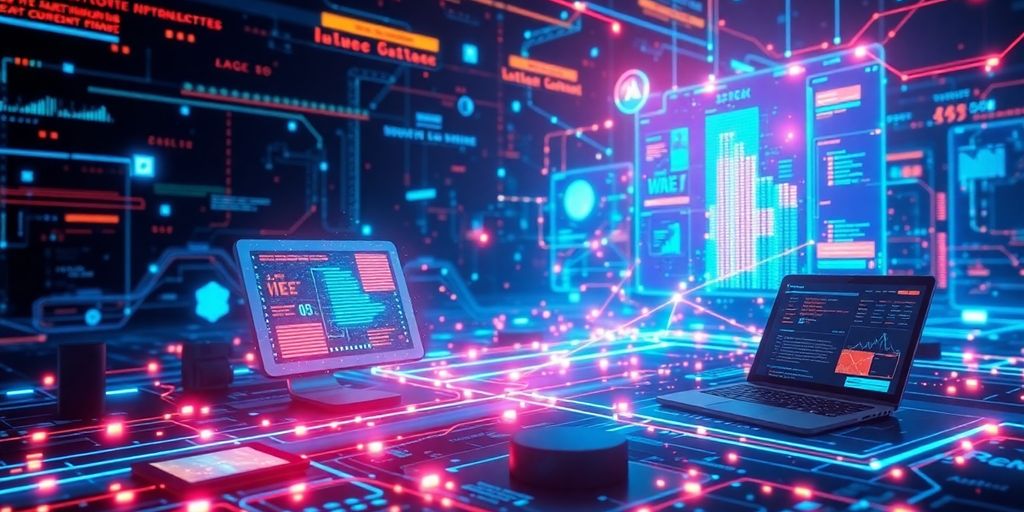 Futuristic digital landscape with interconnected devices and data streams.