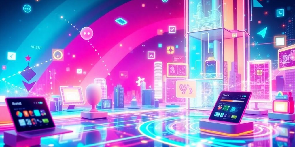 Futuristic e-commerce scene with technology and vibrant colors.