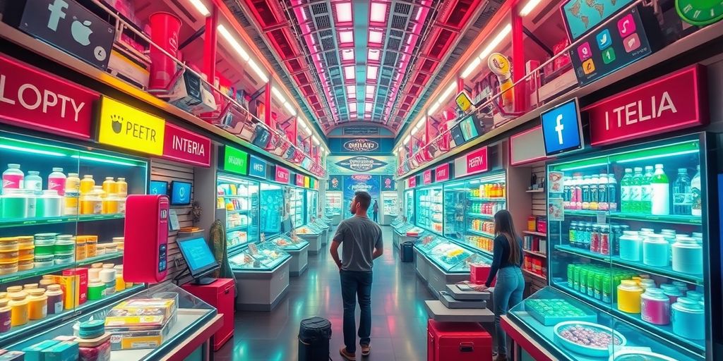 Futuristic digital marketplace with vibrant colors and products.