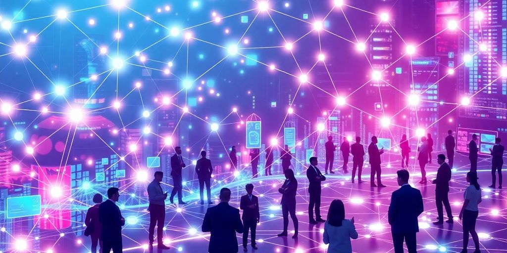 Futuristic e-commerce community engagement with diverse individuals.