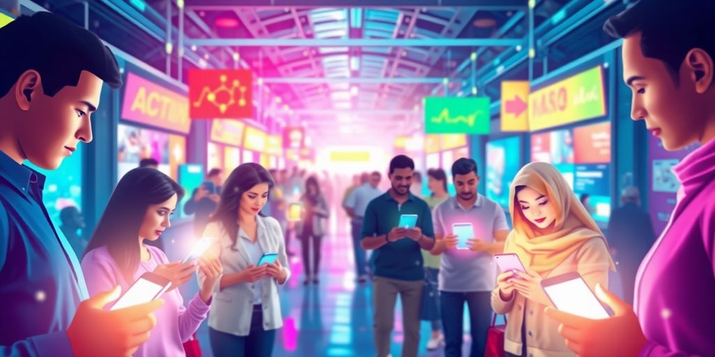 Futuristic ecommerce scene with people using technology.