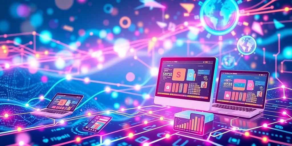 Futuristic e-commerce devices in a digital landscape.