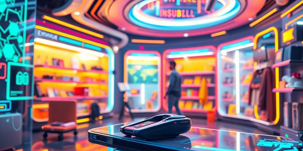 Futuristic e-commerce technology with vibrant digital elements.