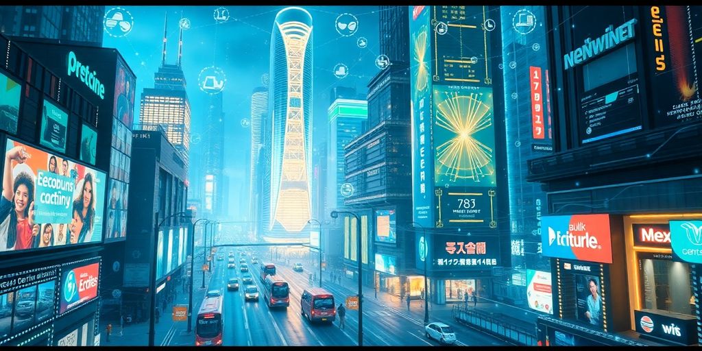 Futuristic city with digital e-commerce elements.