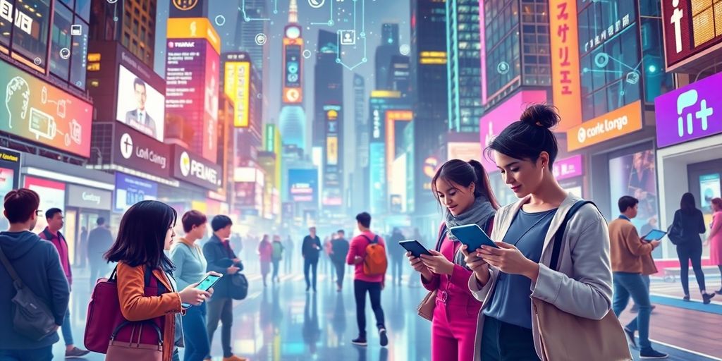 Futuristic city with people using technology for shopping.