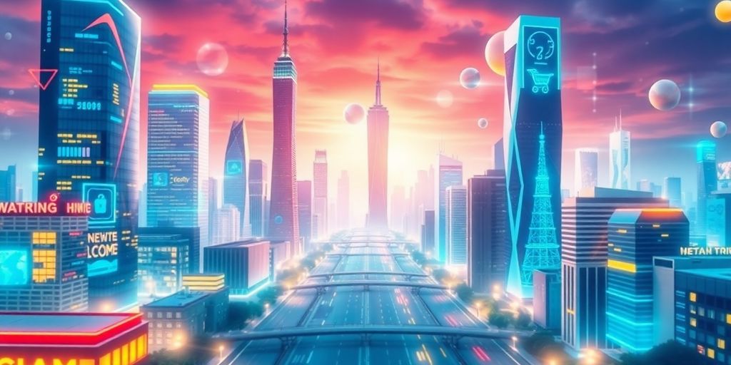 Futuristic city with digital marketing and e-commerce elements.