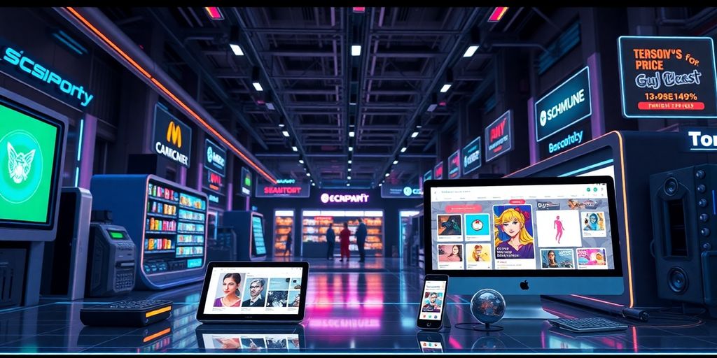 Futuristic e-commerce technology with sleek devices and interfaces.