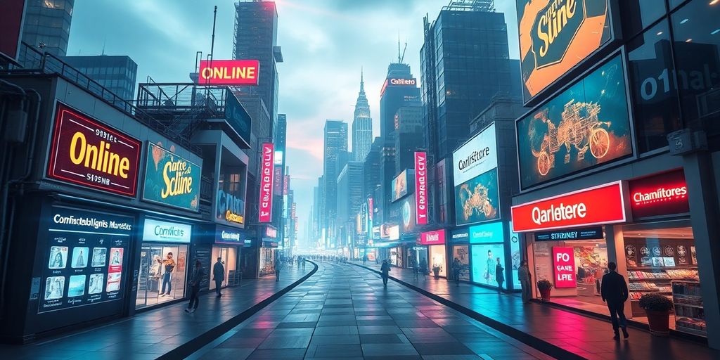 Futuristic city with digital storefronts and neon lights.