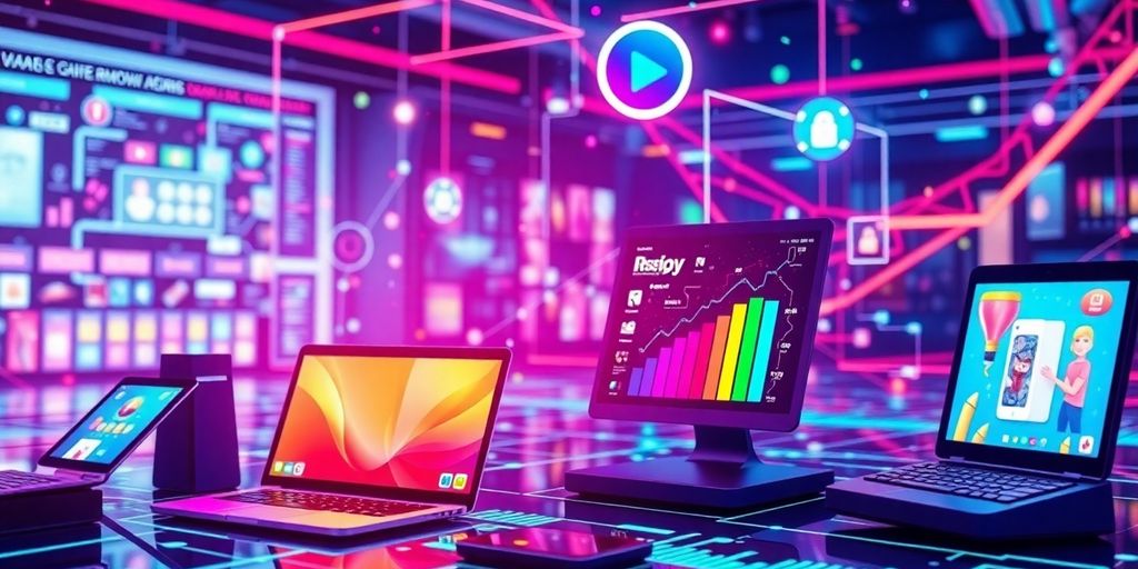 Futuristic e-commerce devices in a vibrant digital landscape.