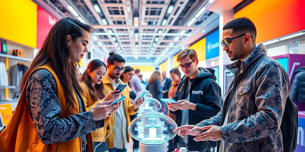 Diverse influencers in a futuristic e-commerce setting.