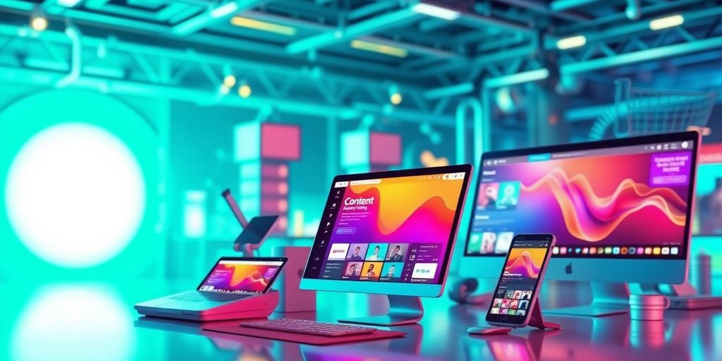 Futuristic e-commerce technology with sleek devices and interfaces.