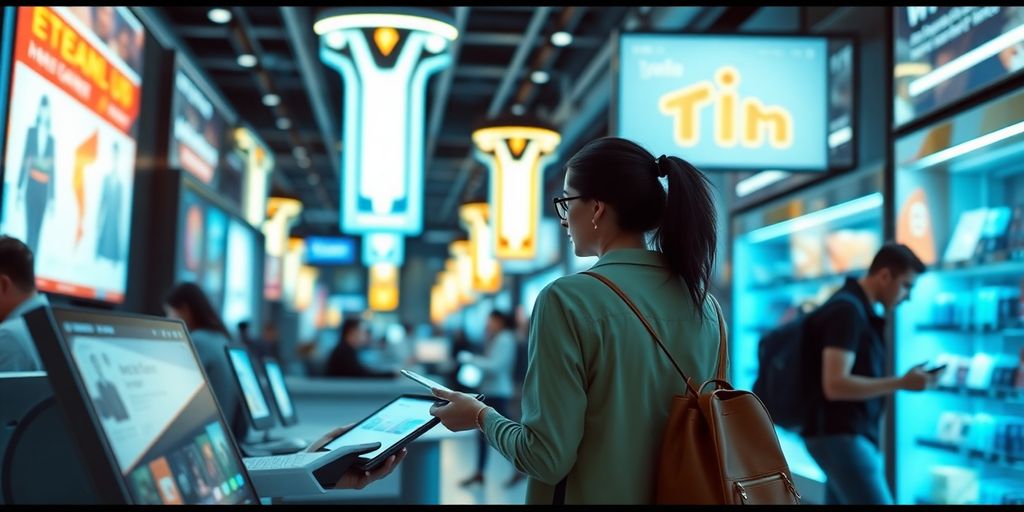 Futuristic e-commerce scene with diverse shoppers and technology.