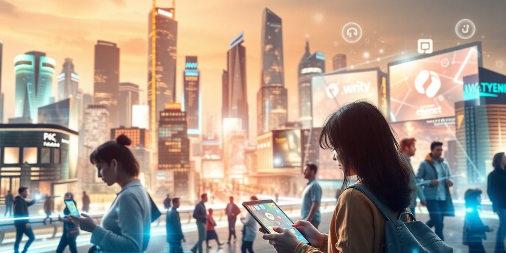 Futuristic city with people interacting through technology.