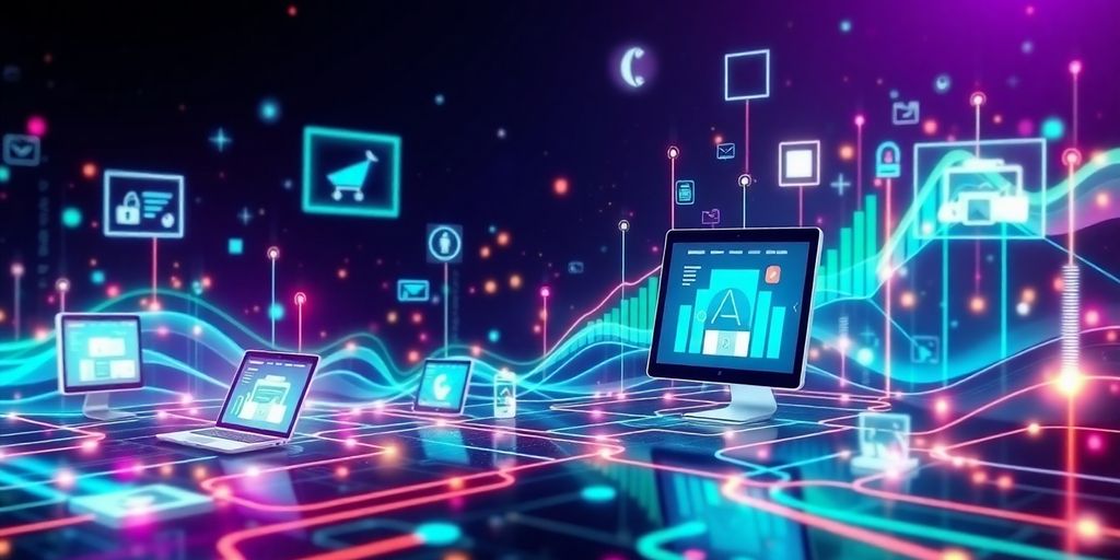 Futuristic digital landscape with interconnected devices and colors.