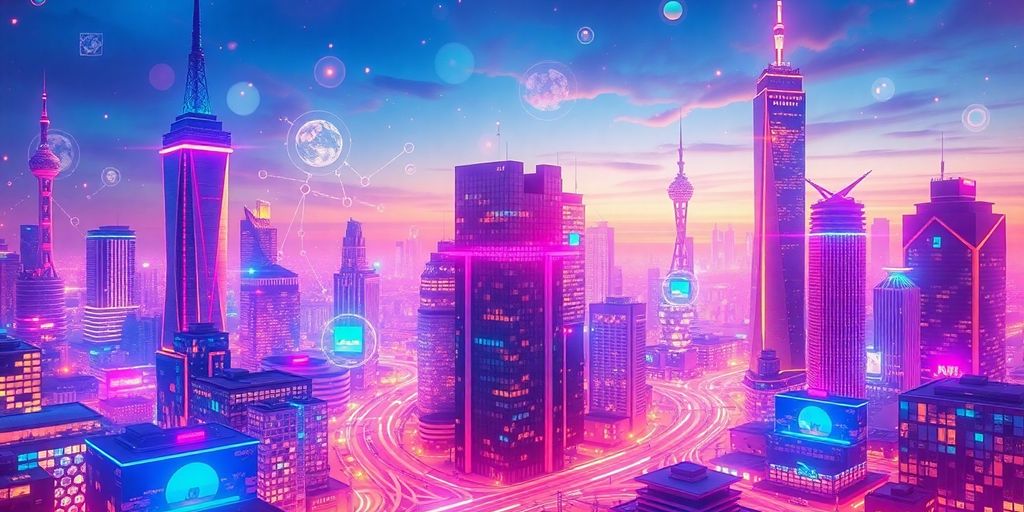 Futuristic cityscape representing online and traditional marketing integration.