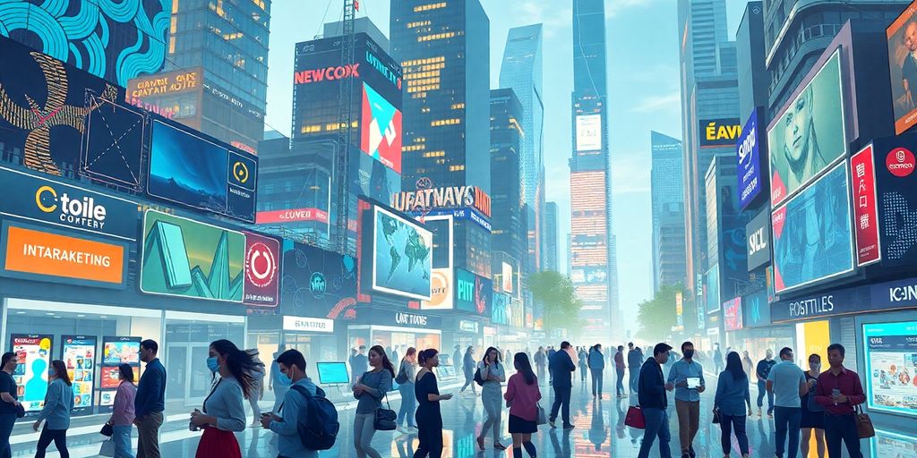 Futuristic city with people shopping online and offline.