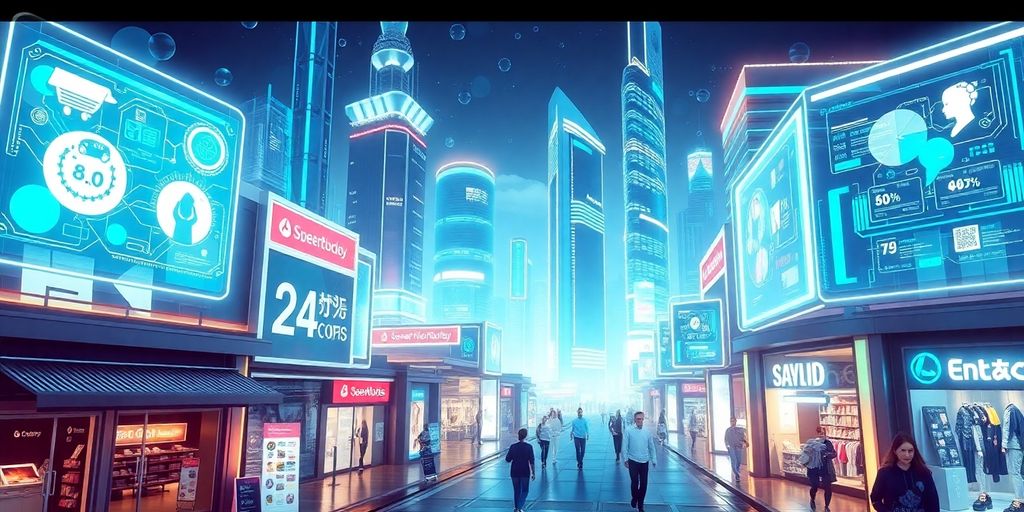 Futuristic city with digital interfaces and e-commerce elements.