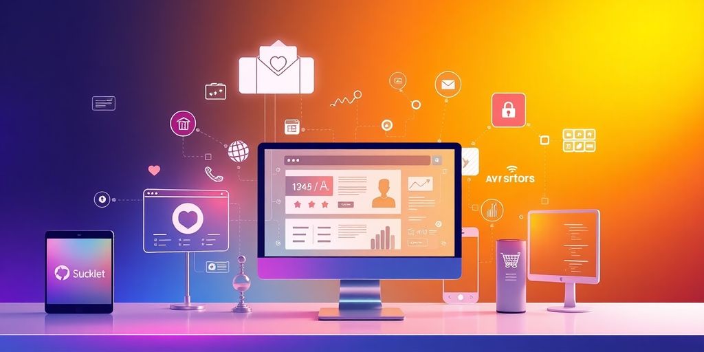 Futuristic e-commerce interface with digital devices and connections.