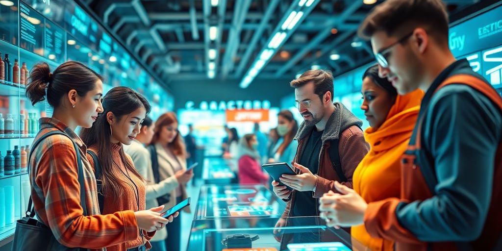 Futuristic e-commerce scene with diverse people and technology.