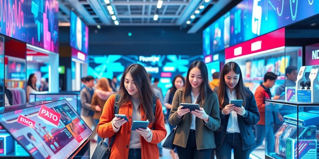 Futuristic e-commerce scene with diverse shoppers and technology.