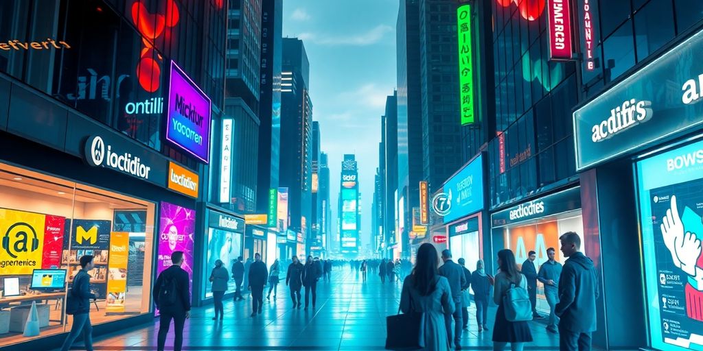 Futuristic city with digital storefronts and vibrant neon lights.