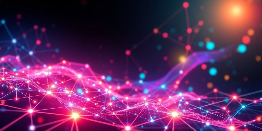 Futuristic digital landscape with interconnected nodes and vibrant colors.