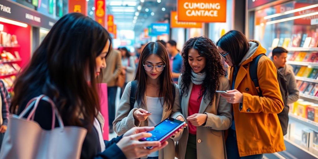 Futuristic e-commerce scene with diverse shoppers and technology.