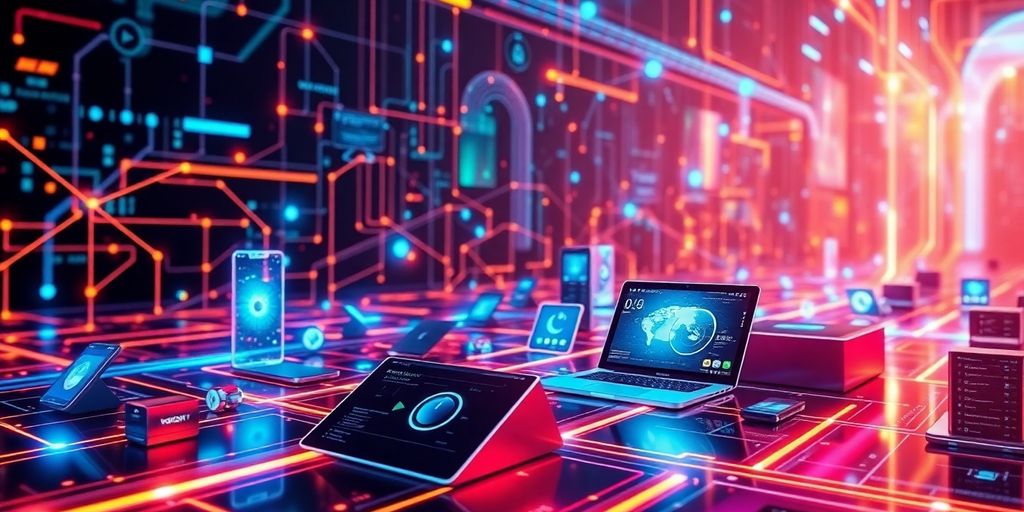 Futuristic digital landscape with interconnected devices and vibrant colors.
