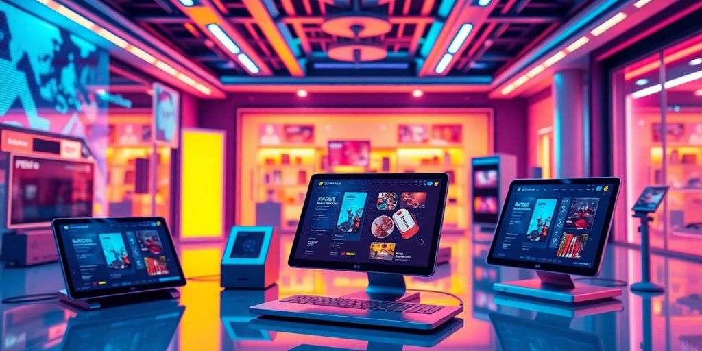 Futuristic ecommerce scene with advanced technology and devices.