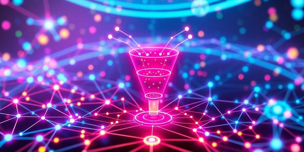 Futuristic digital landscape representing online marketing funnel.